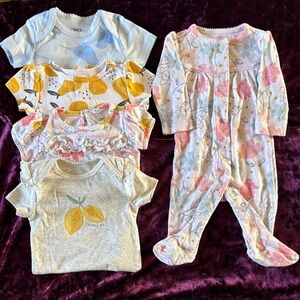 Four Carter's spring theme onesies & one long sleeve footie PJ